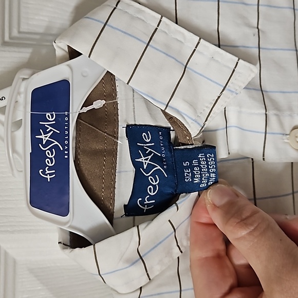 Freestyle 2 Piece Set White Button Down Blue Brown Stripe Sleeve Brown Cargo 5 - Picture 3 of 13